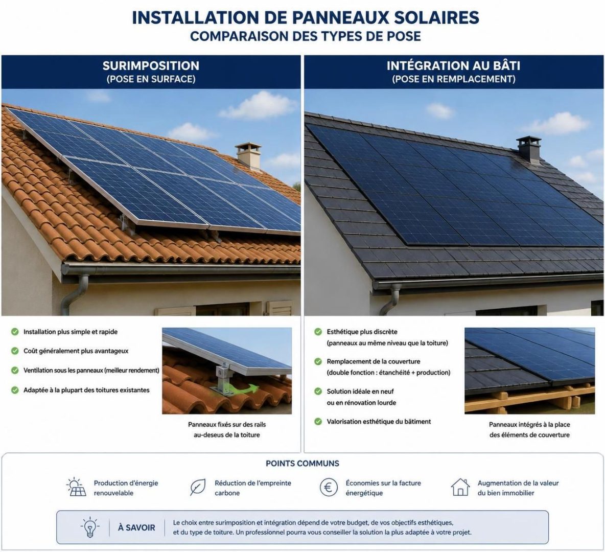 découvrez l'impact des panneaux solaires en surimposition ou intégrés au bâti sur l'étanchéité de votre bâtiment et choisissez la meilleure solution pour allier performance énergétique et protection.