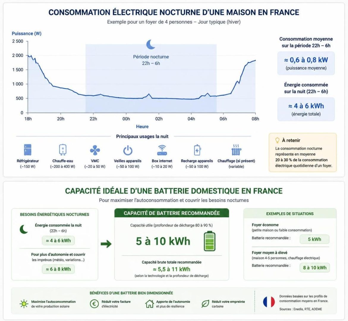 découvrez comment choisir la puissance de batterie adaptée pour couvrir efficacement votre consommation électrique nocturne en toute autonomie.