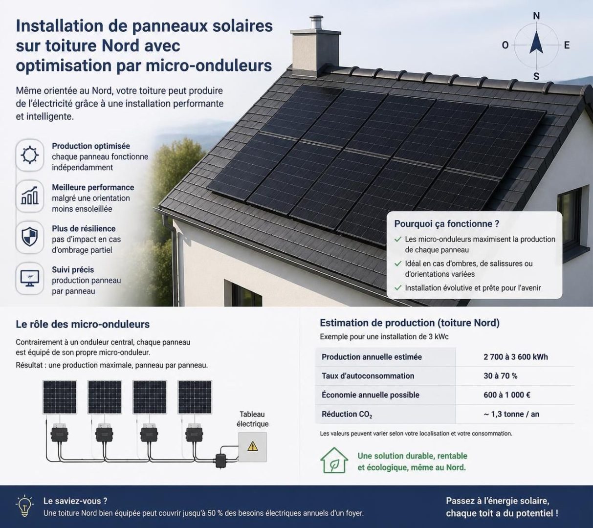 découvrez les avantages et limites des panneaux solaires installés sur une toiture plein nord, et apprenez comment optimiser leur performance malgré l'orientation défavorable.