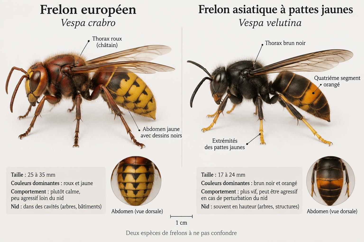 découvrez comment distinguer le frelon européen du frelon asiatique grâce à leur taille, leurs couleurs, leur comportement et leur nid.