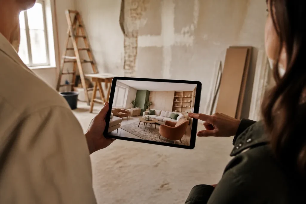 Architecte d'intérieur présentant une vue 3D à son client en France