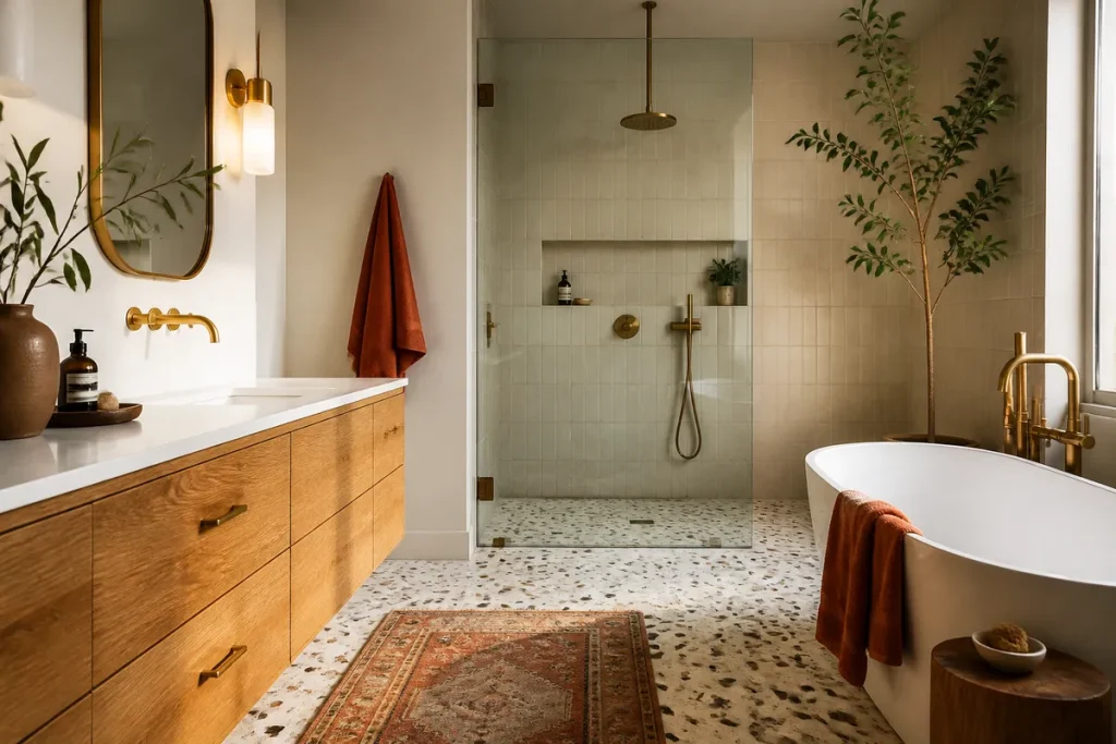 Salle de bain en terrazzo et bois après rénovation en France