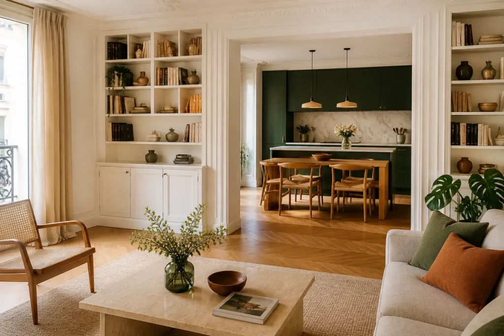 Salon et cuisine ouverte réaménagés par un architecte d'intérieur en France